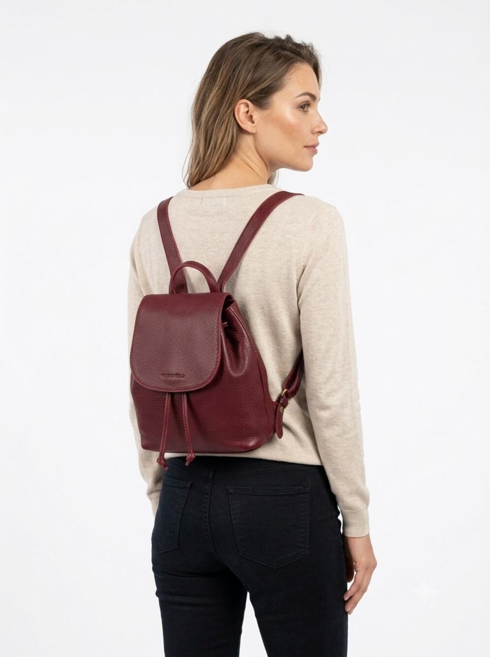 Portland Leather Mini Bucket Backpack Women's Burgundy Pebbled Drawstring Flap
